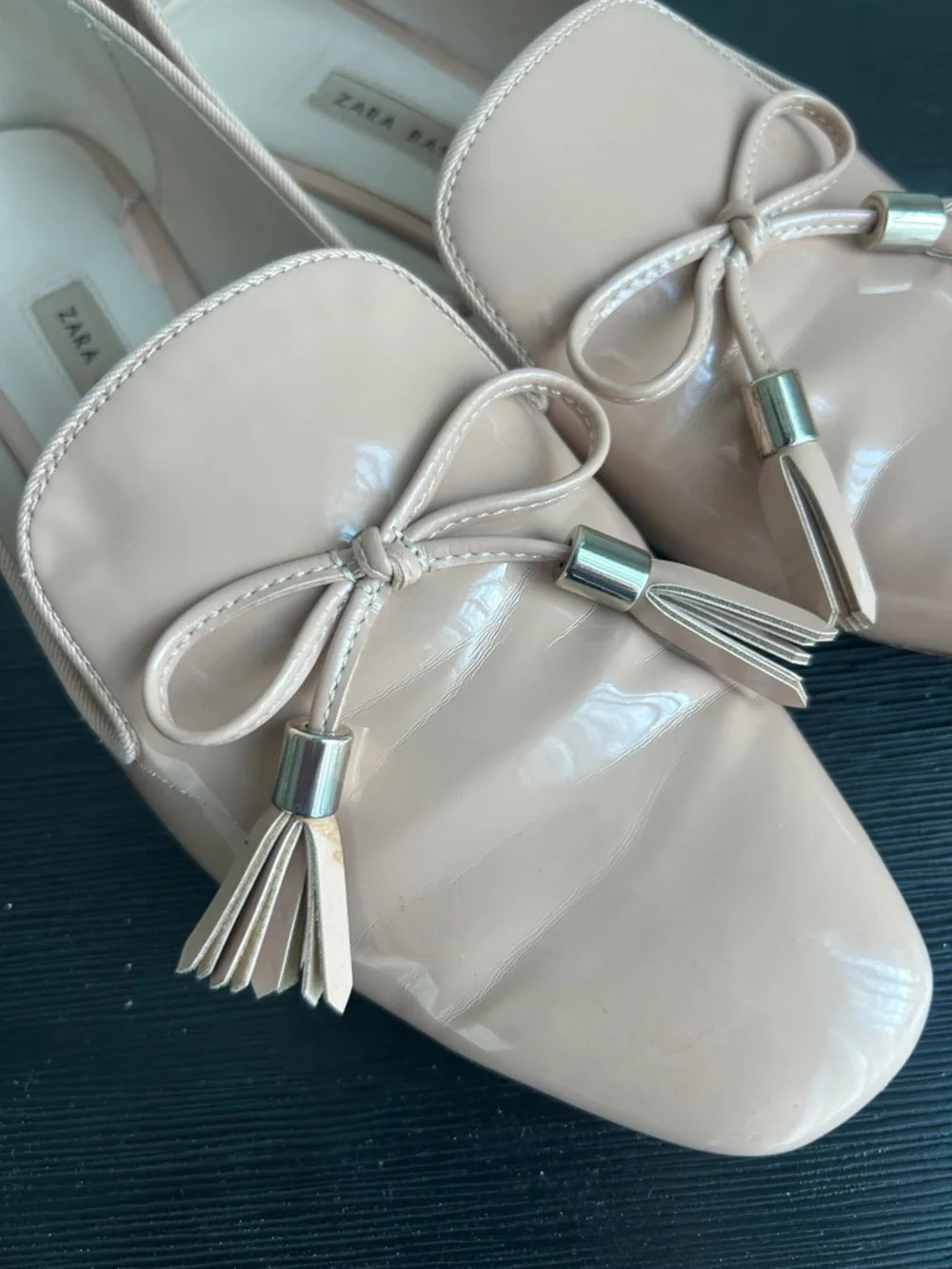 Zara Basic Nude Flats Gold Accent Heel Bow Size 38 - Picture 12 of 16